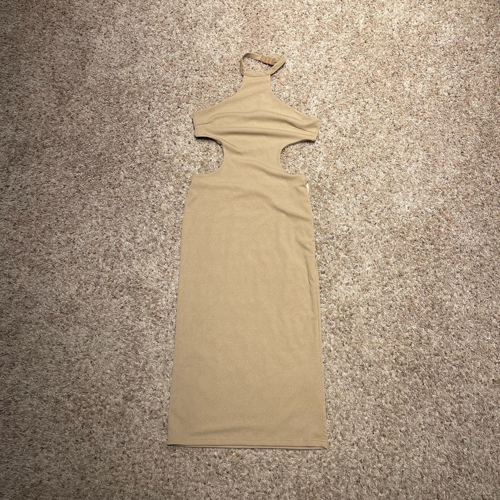 Elegant Tan Halter Cut-Out Dress